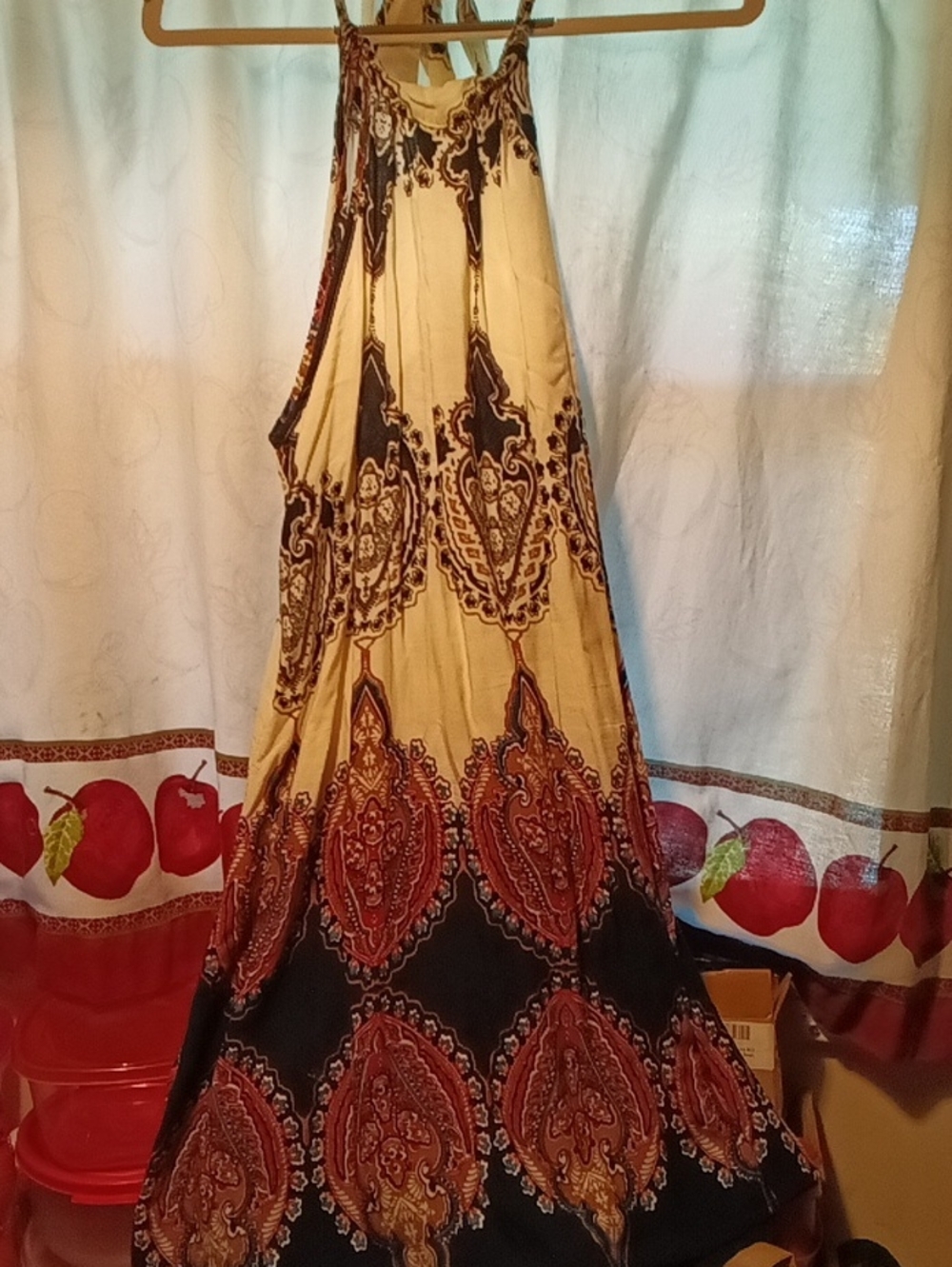Women's Bohemian Paisley Halter Maxi Dress in Cream and Rust